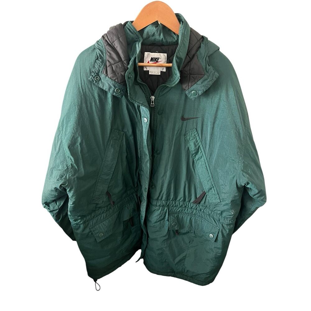VINTAGE 90s Nike Jacket Womens Medium Green Puffer Hooded Mid Length